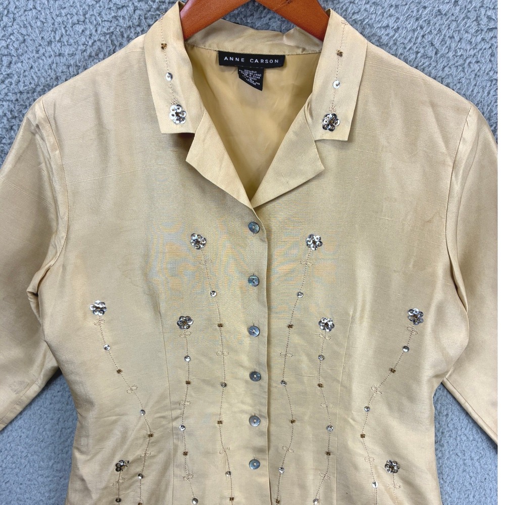 Anne Carson Beaded Button Down Shirt Womens S Gold Silk 3/4 Sleeve Formal - Picture 2 of 13